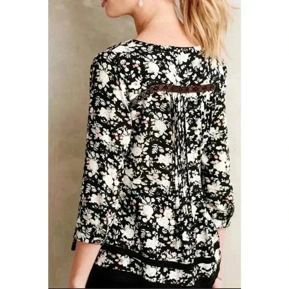 Maeve Anthropologie Shirt Long Sleeve Black Floral Blouse 0 XS Lace Pleated Boho - Picture 2 of 4